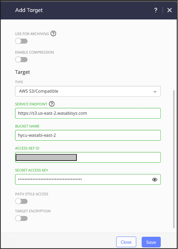 Configurer Wasabi sur Hycu, création de la target