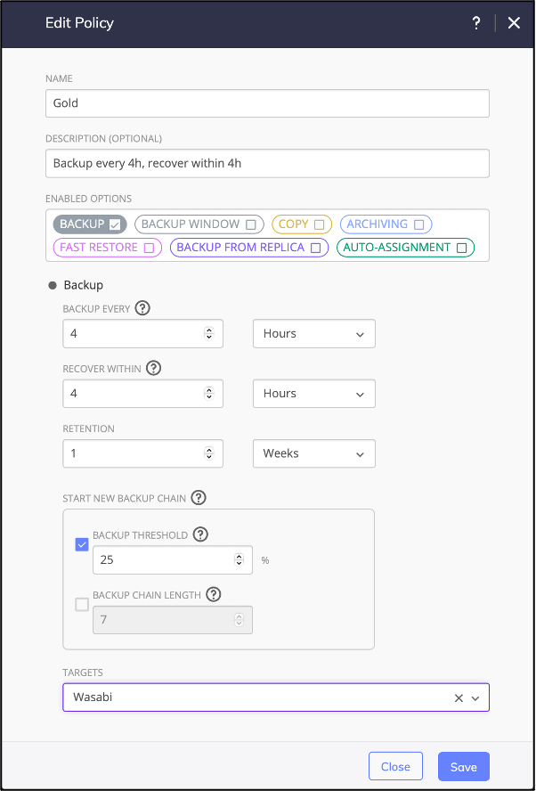 Configurer Wasabi pour Hycu, création d'une policy